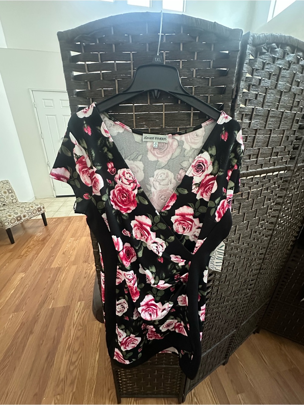 Almost Famous Black Floral Faux-Wrap Mini Dress with Pink Roses